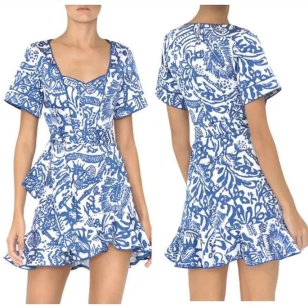 Alexis White and Blue Tropical Ruffle Mini Dress